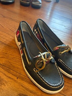 Sperry Black Leather-Trim Plaid Accent Moccasins